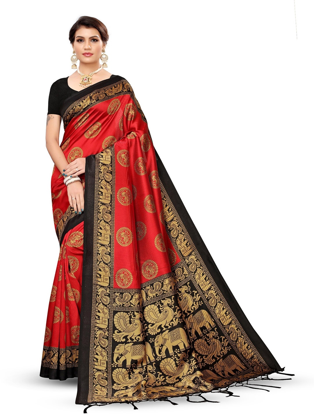 

KALINI Red & Black Ethnic Motifs Woven Design Zari Art Silk Saree