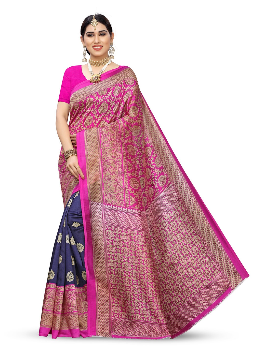 

KALINI Navy Blue & Magenta Floral Woven Design Zari Art Silk Saree