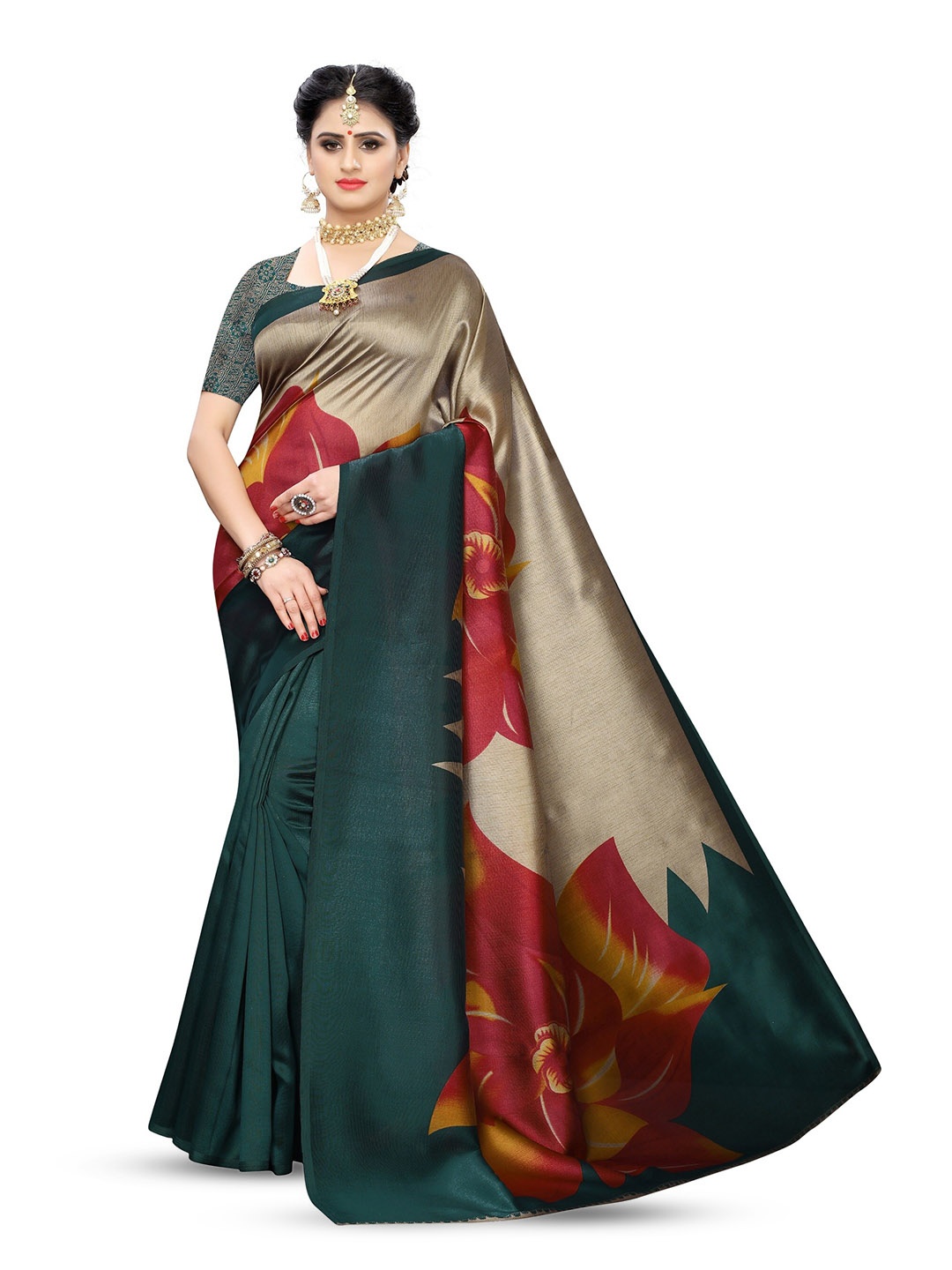 

KALINI Floral Printed Art Silk Saree, Teal