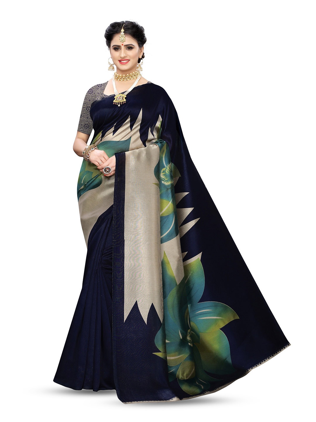 

KALINI Navy Blue & Green Floral Printed Art Silk Saree