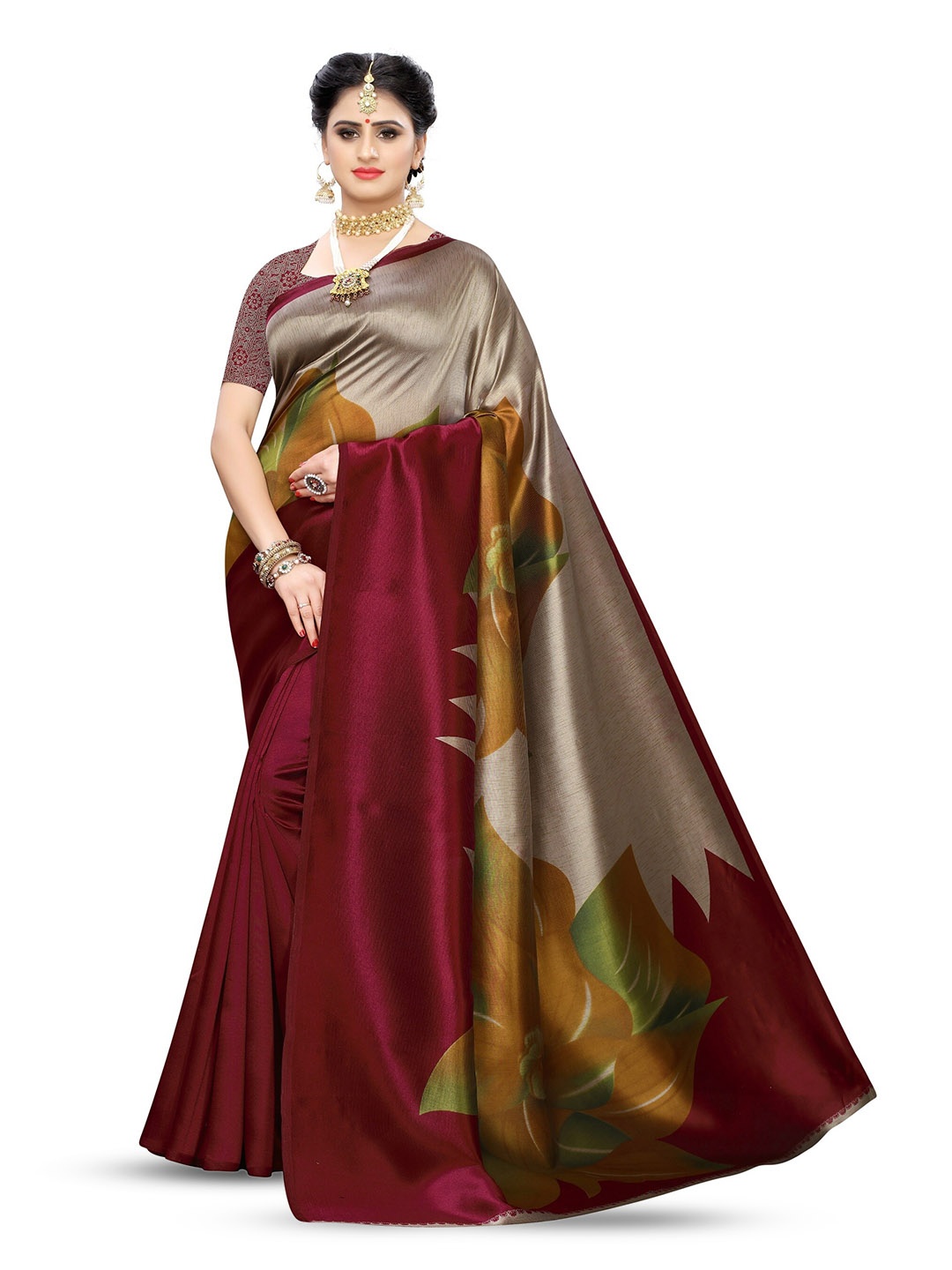 

KALINI Brown & Red Floral Printed Art Silk Saree