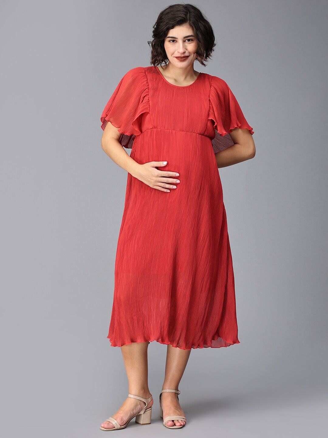 

The Mom Store Self Design Flared Sleeves A-Line Midi Maternity Dress, Rust