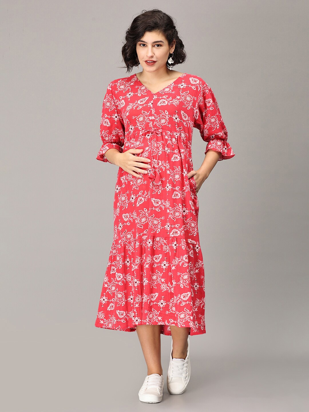 

The Mom Store Floral Printed A-Line Cotton Midi Maternity Dress, Red