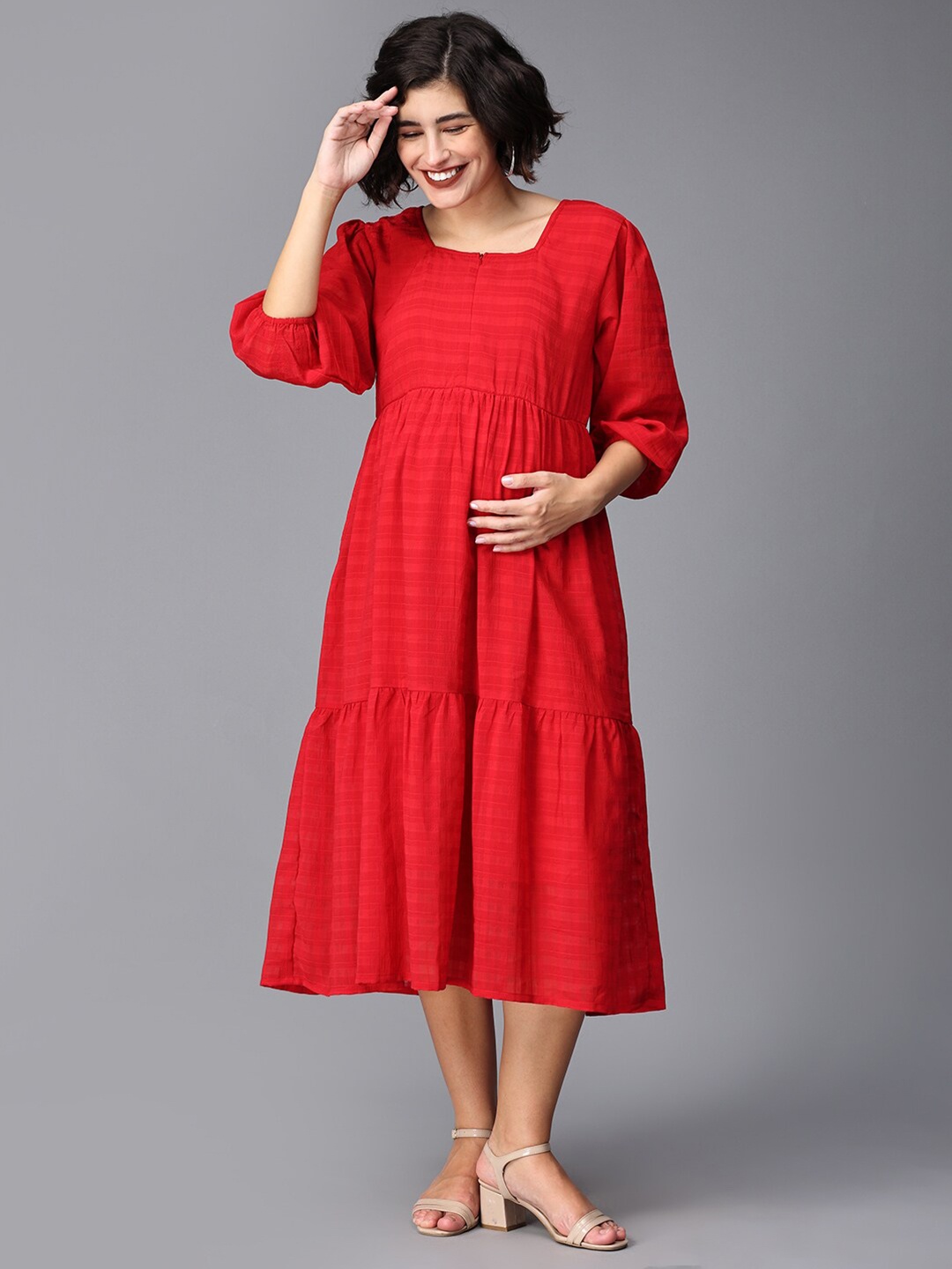 

The Mom Store Tiered Midi Maternity Dress, Red