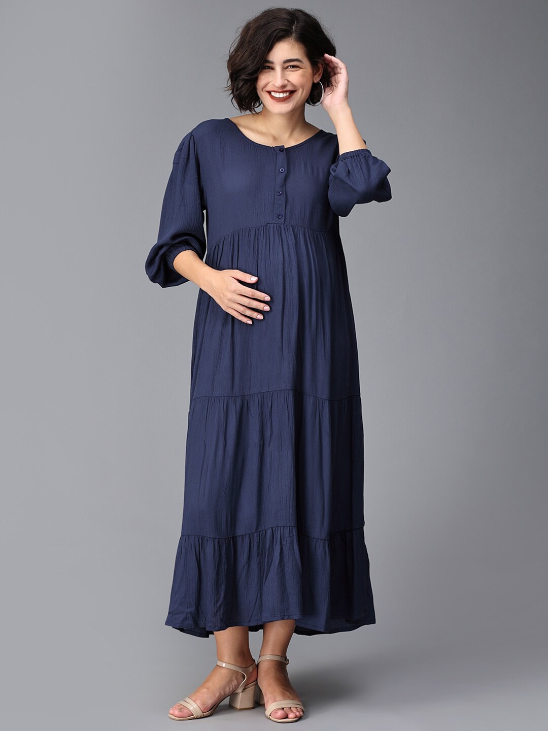 

The Mom Store Bell Sleeves Tiered Maxi Maternity Dress, Navy blue