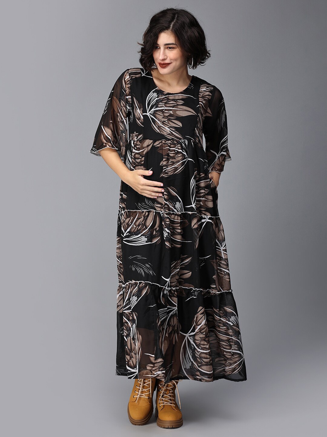 

The Mom Store Tropical Printed Tiered Maxi Maternity Dress, Black