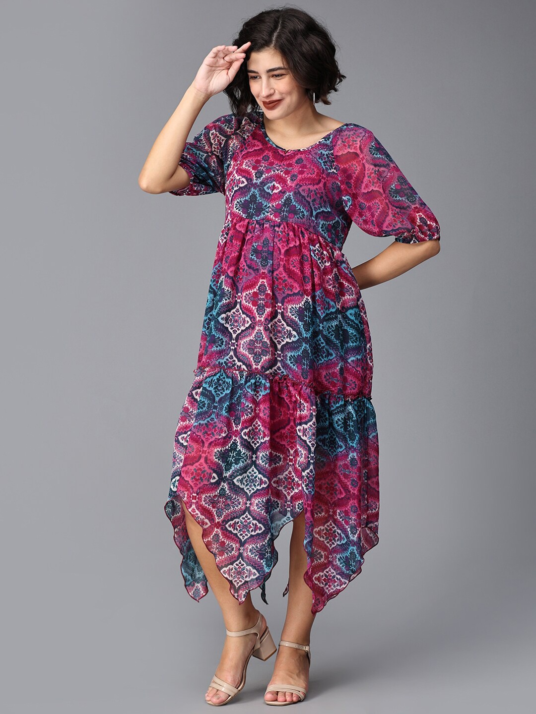 

The Mom Store Ethnic Motifs Printed Tiered A-Line Midi Maternity Dress, Multi