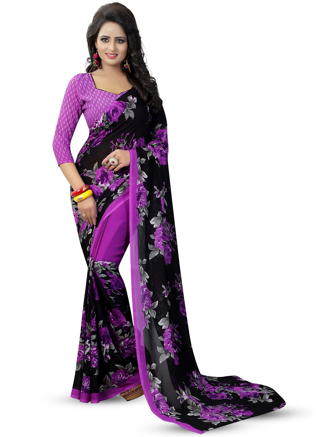 

KALINI Purple & Black Floral Printed Art Silk Saree