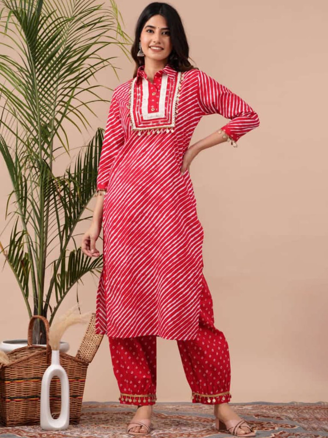 

KALINI Striped Shirt Collar Pure Cotton Straight Kurta with Salwar, Red