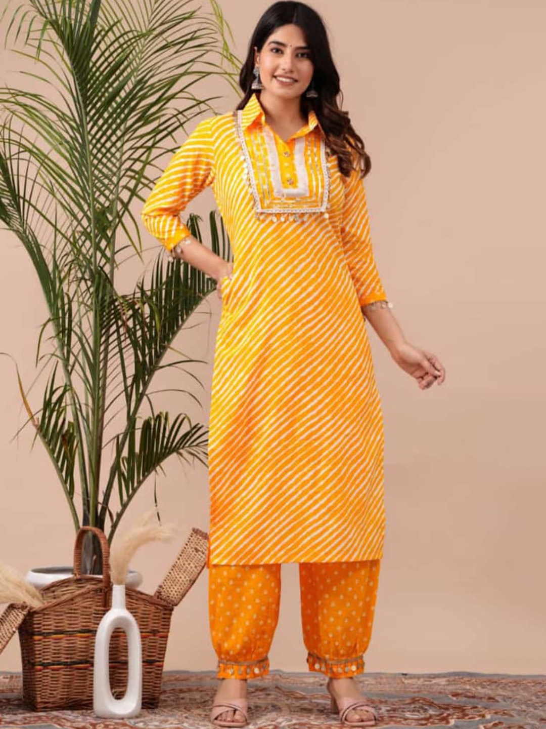 

KALINI Shirt Collar Regular Striped Sequinned Pure Cotton Kurta with Palazzos, Yellow