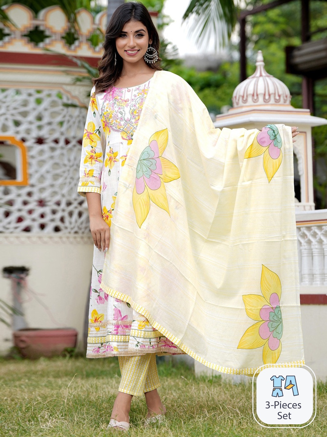 

KALINI Floral Printed Thread Work Pure Cotton Kurta with Trousers & Dupatta, White