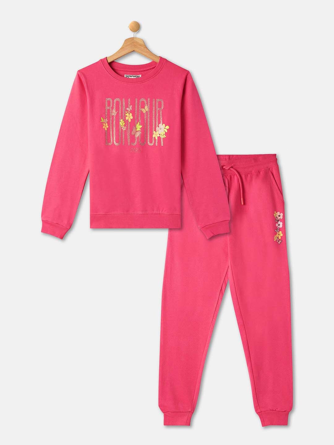 

R&B Girls Printed Pure Cotton T-shirt with Trousers, Pink
