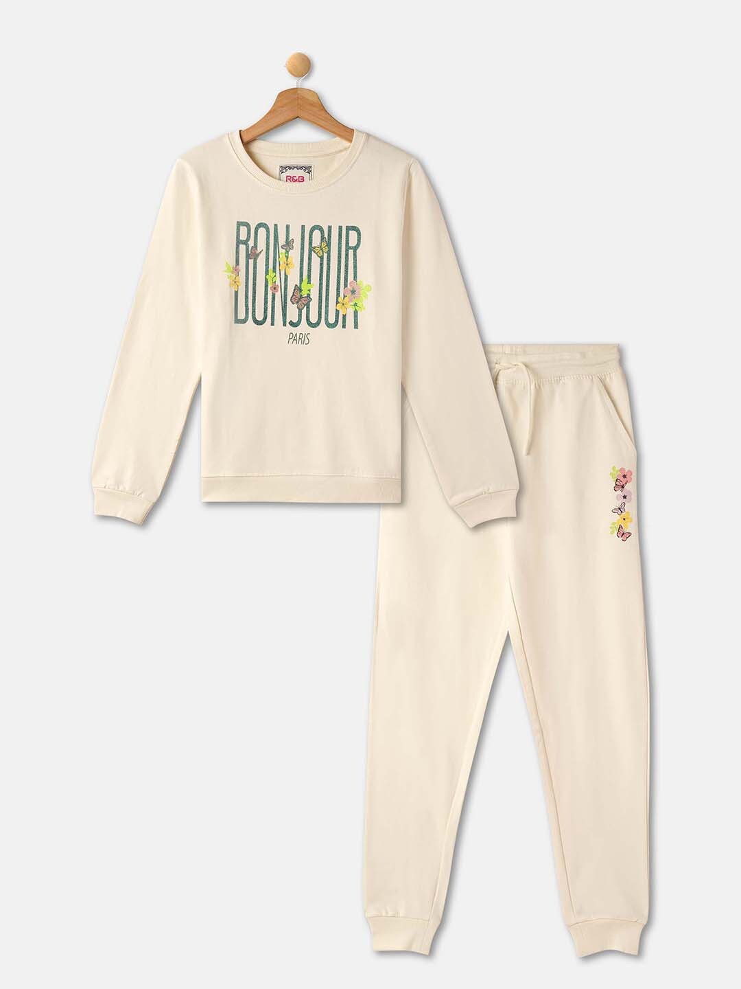 

R&B Girls Printed Pure Cotton T-Shirt With Trousers, White