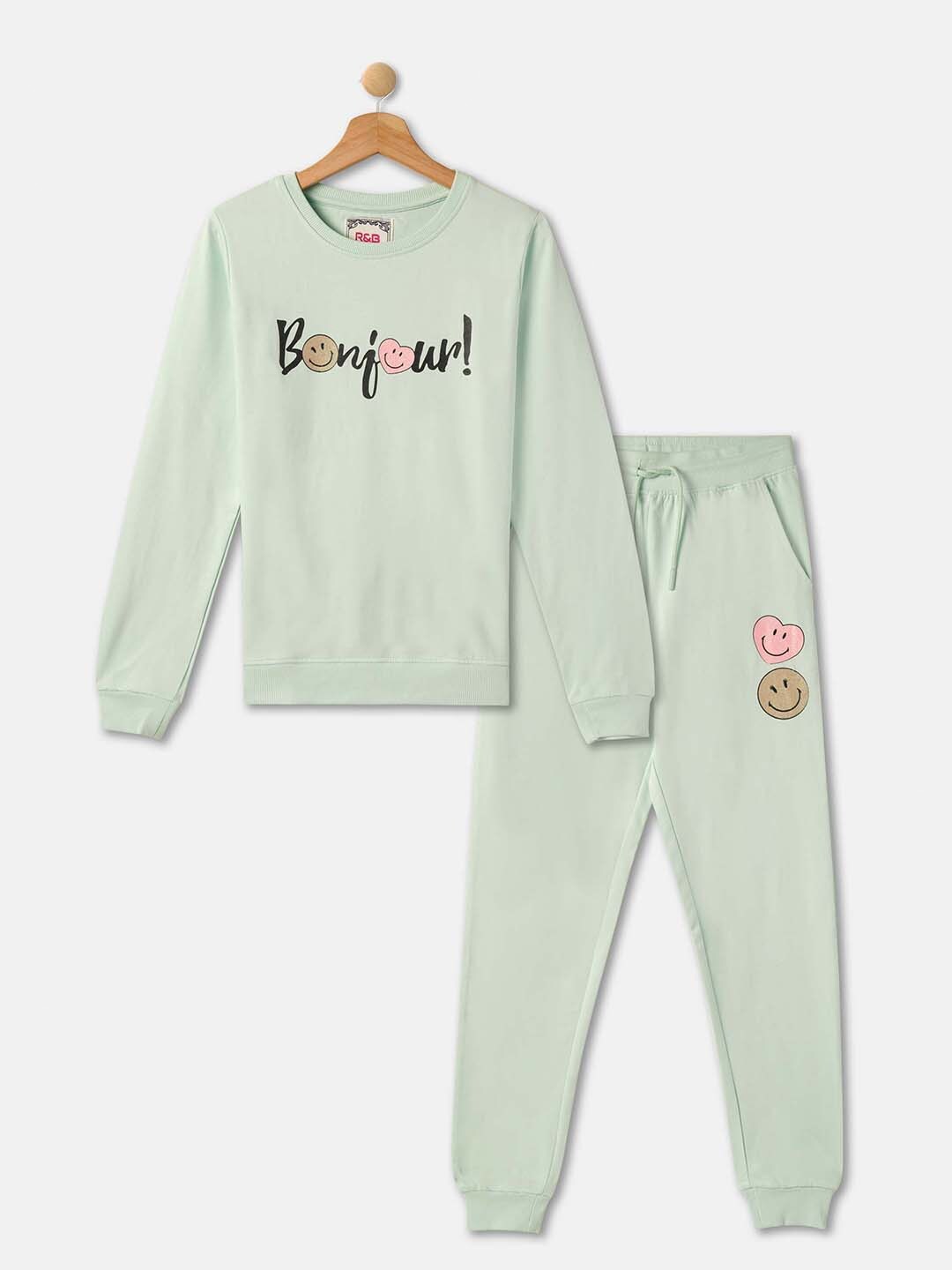 

R&B Girls Printed Pure Cotton T-Shirt With Trousers, Green