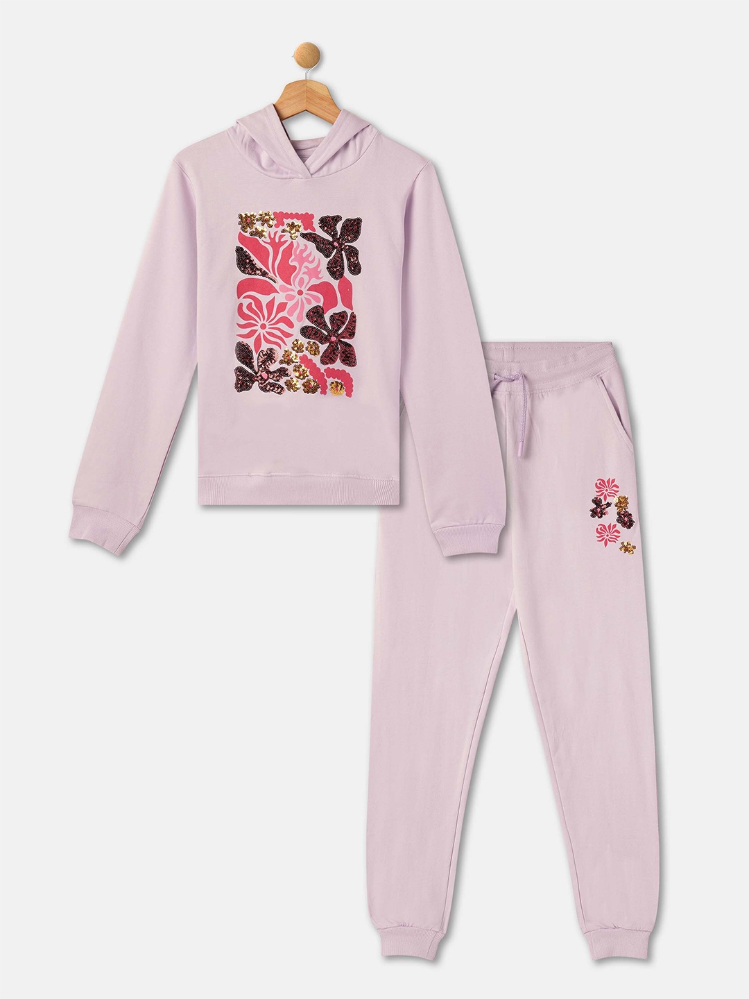 

R&B Girls Embellished Hooded Pure Cotton T-shirt With Trousers, Purple