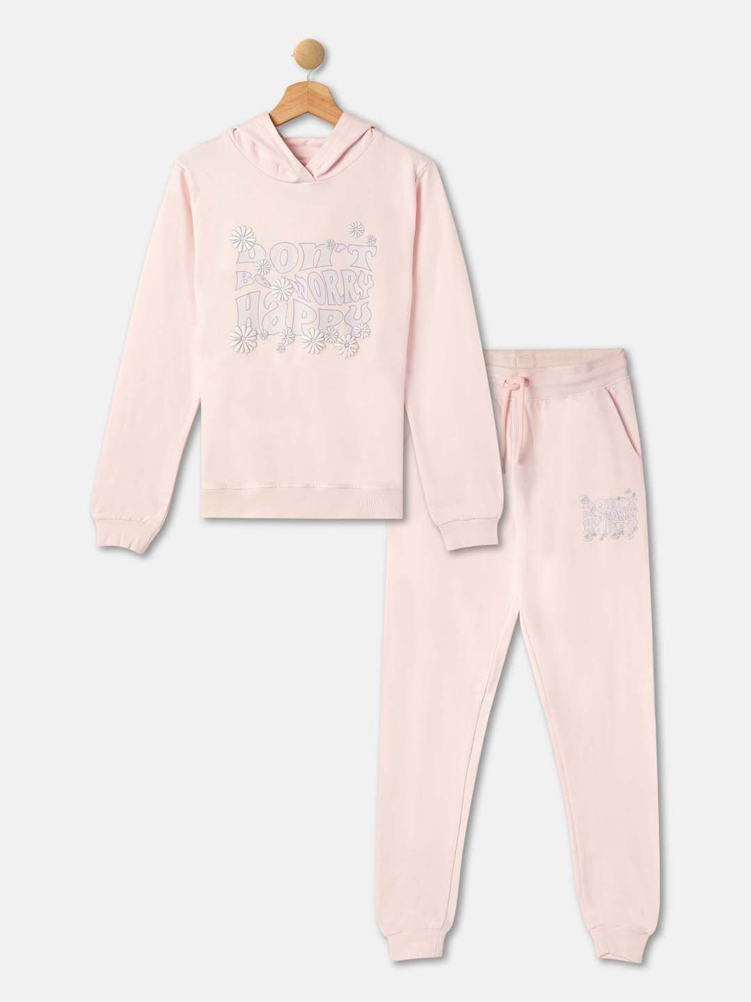

R&B Girls Printed Hooded Pure Cotton T-shirt With Trousers, Pink