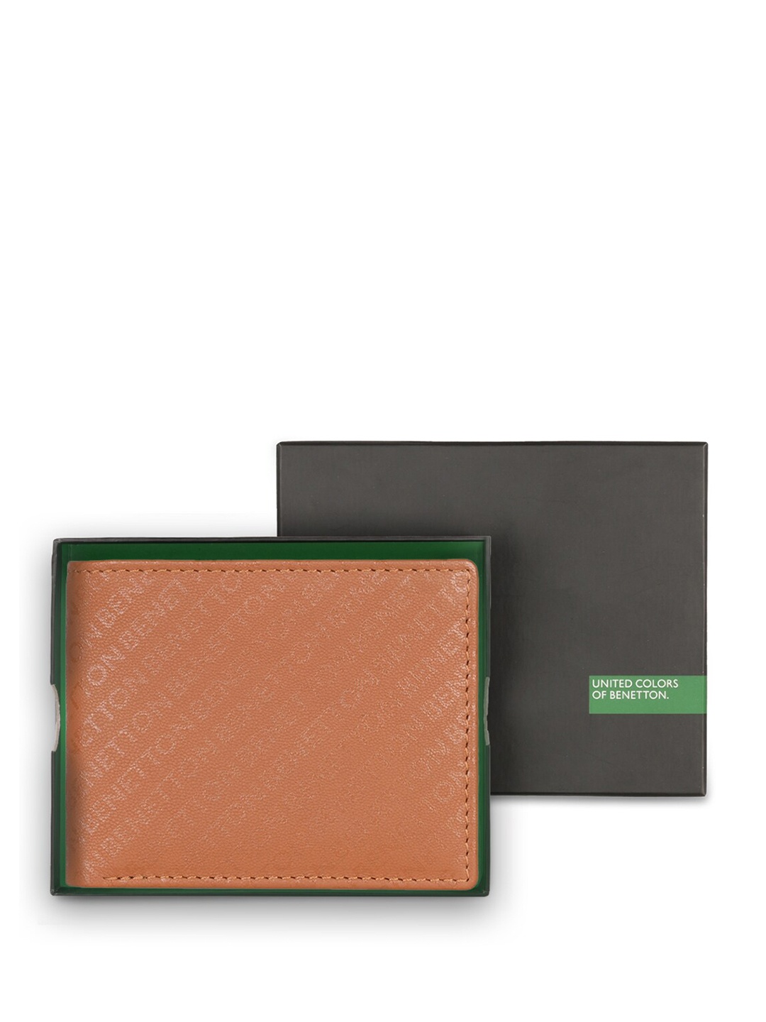 

United Colors of Benetton Men Typography Textured Leather Two Fold Wallet, Tan