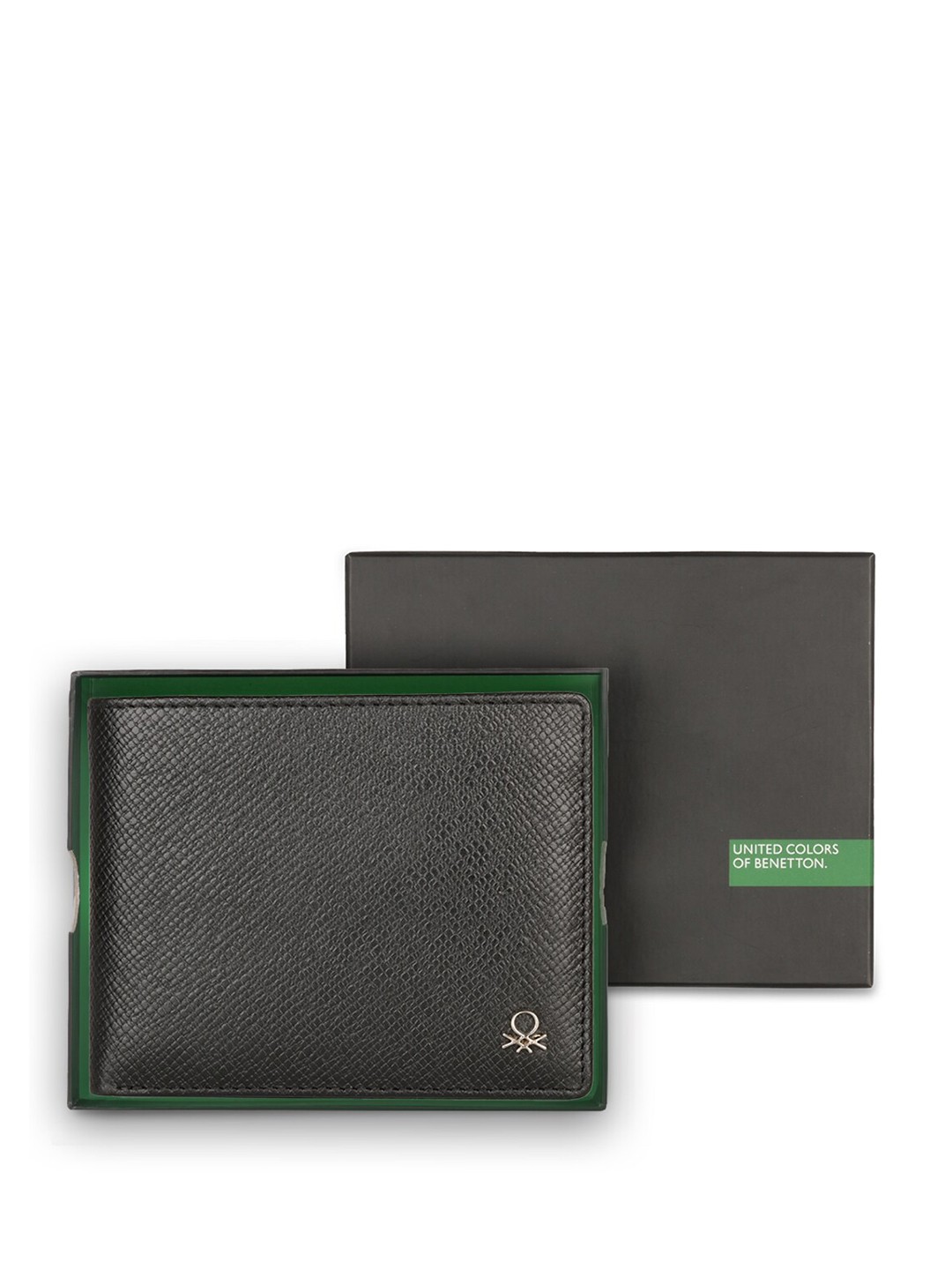 

United Colors of Benetton Men Textured Leather Two Fold Wallet, Black