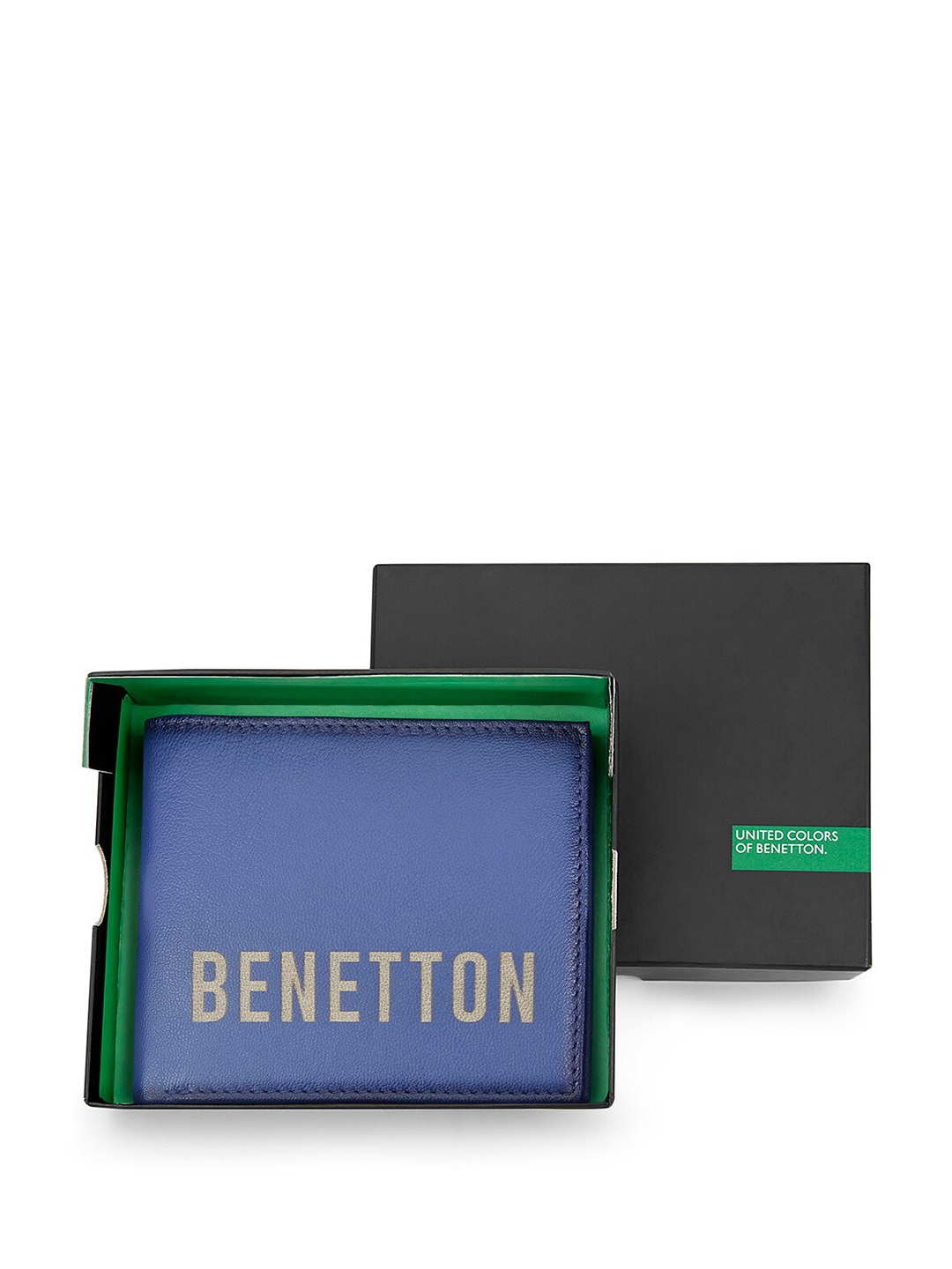 

United Colors of Benetton Men Typography Printed Leather Two Fold Wallet, Blue