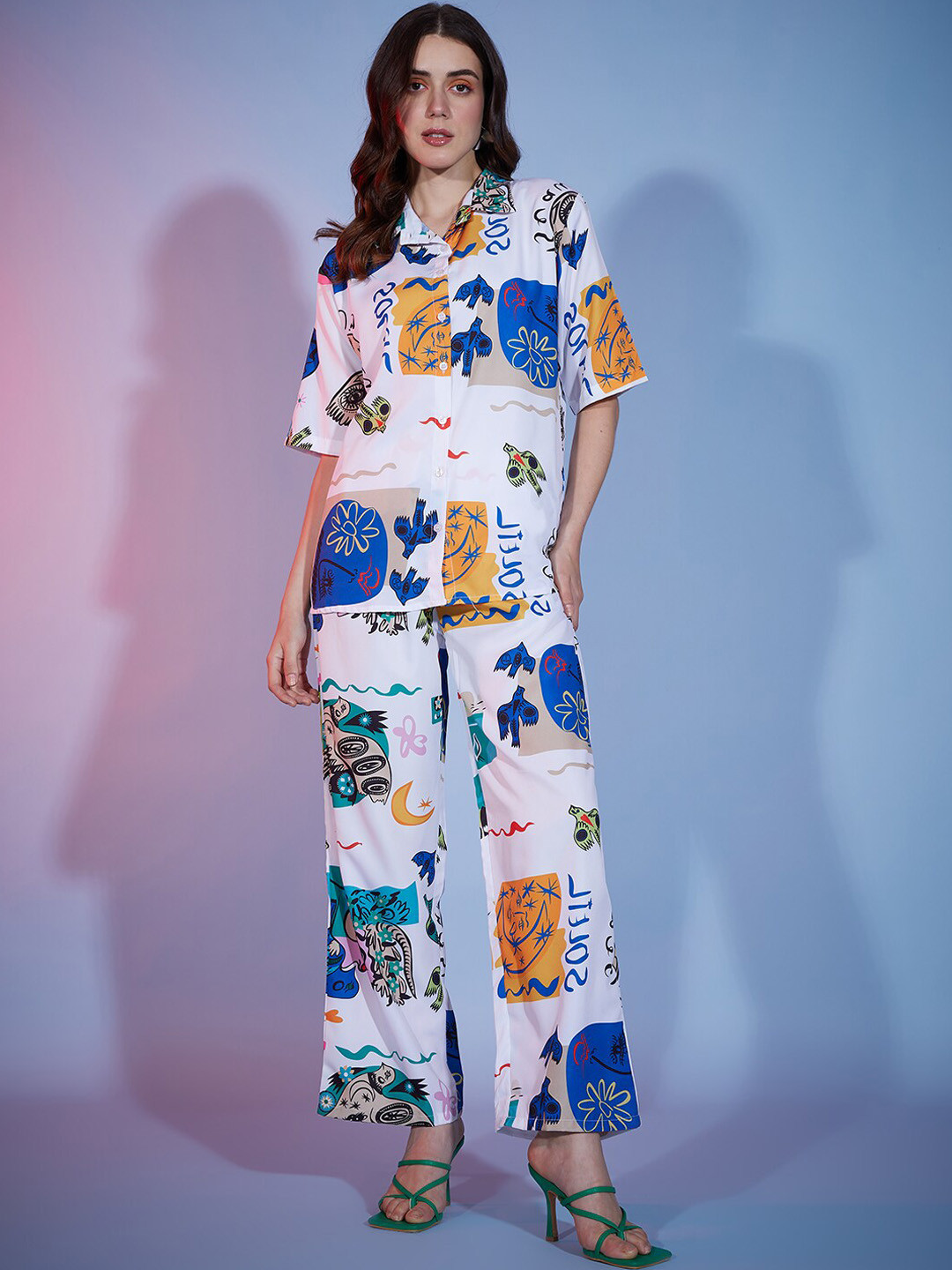 

BUY NEW TREND Loose-Fit Retro Printed Lapel Collar Shirt & Trousers, White