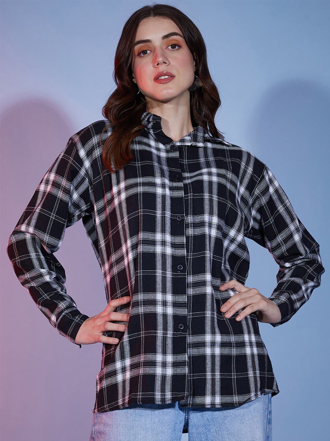 

BUY NEW TREND Women Relaxed Tartan Checks Opaque Checked Cotton Casual Shirt, Black