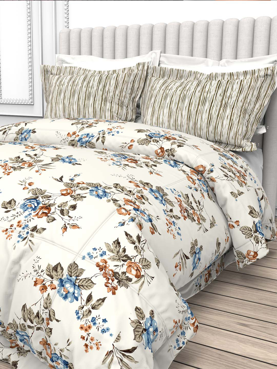 

THE WHITE MOSS Bed In A Bag Cream Floral Cotton 220 TC Queen Bedsheet & 2 Pillow Covers