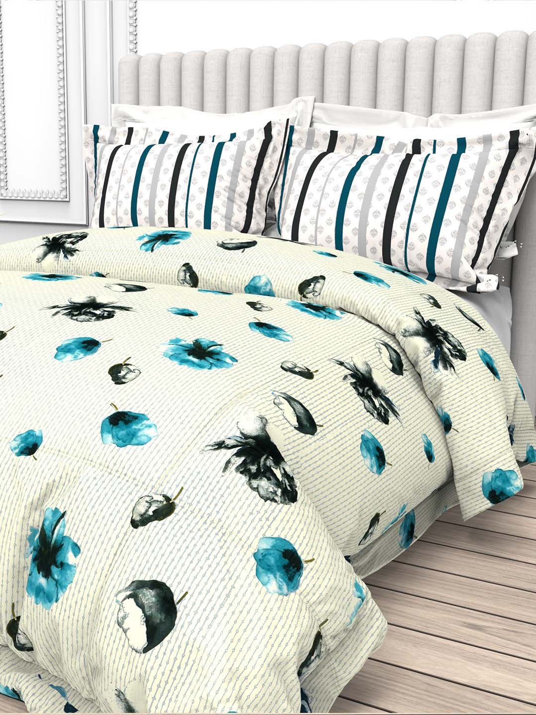 

THE WHITE MOSS Bed In A Bag Cream Floral Cotton 220 TC Queen Bedsheet & 2 Pillow Covers