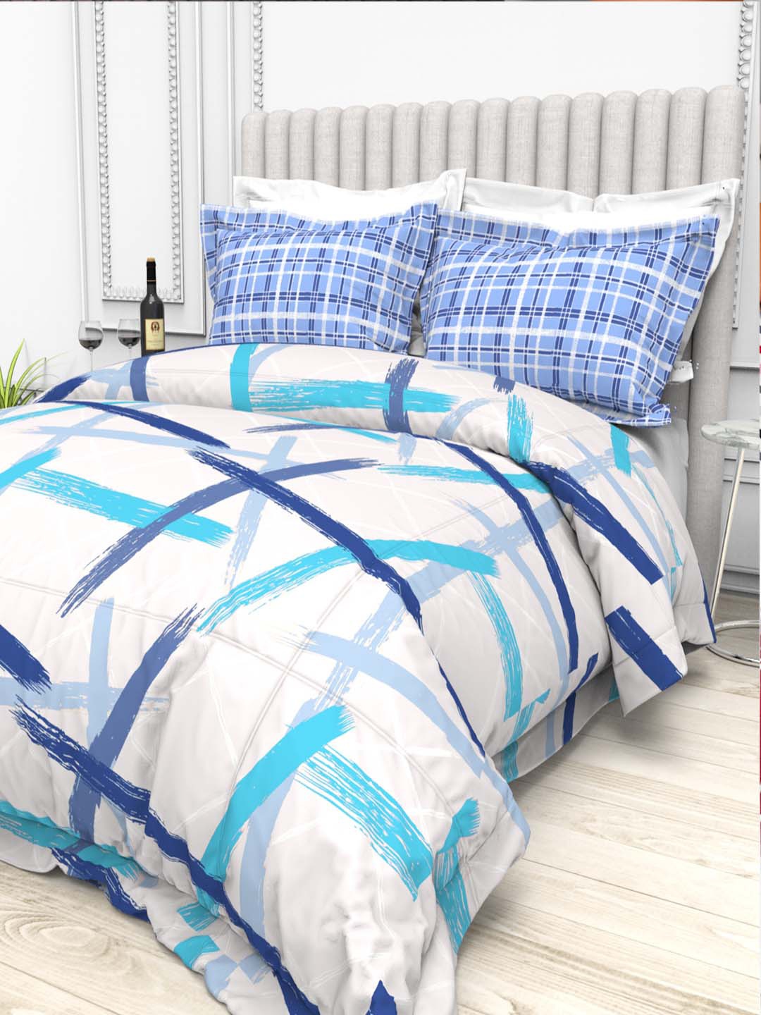 

THE WHITE MOSS White & Blue Pure Cotton 220 TC Queen Bedsheet with 2 Pillow Covers