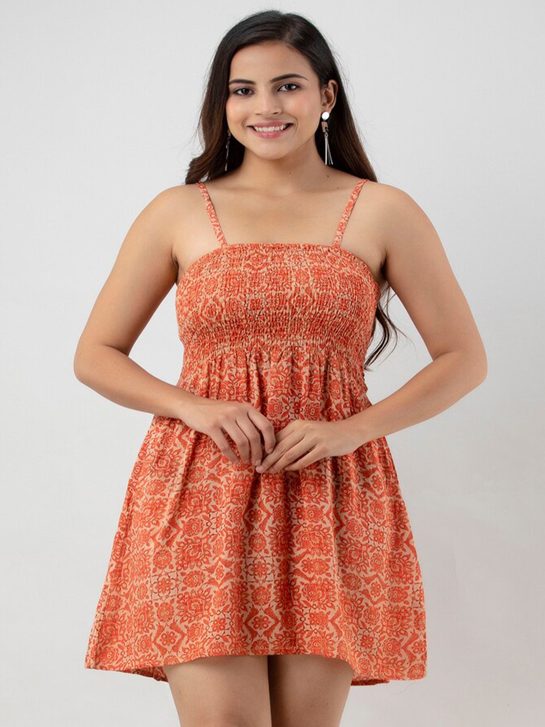 

BAESD Floral Printed Gathered & Pleated Smocked Fit & Flare Dress, Orange