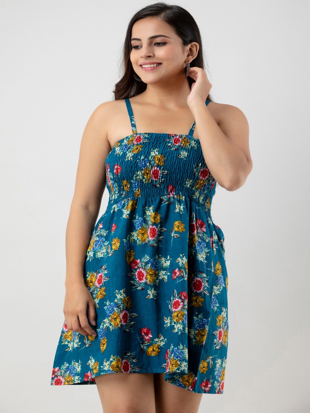 

BAESD Floral Printed Smocked A-Line Mini Dress, Blue