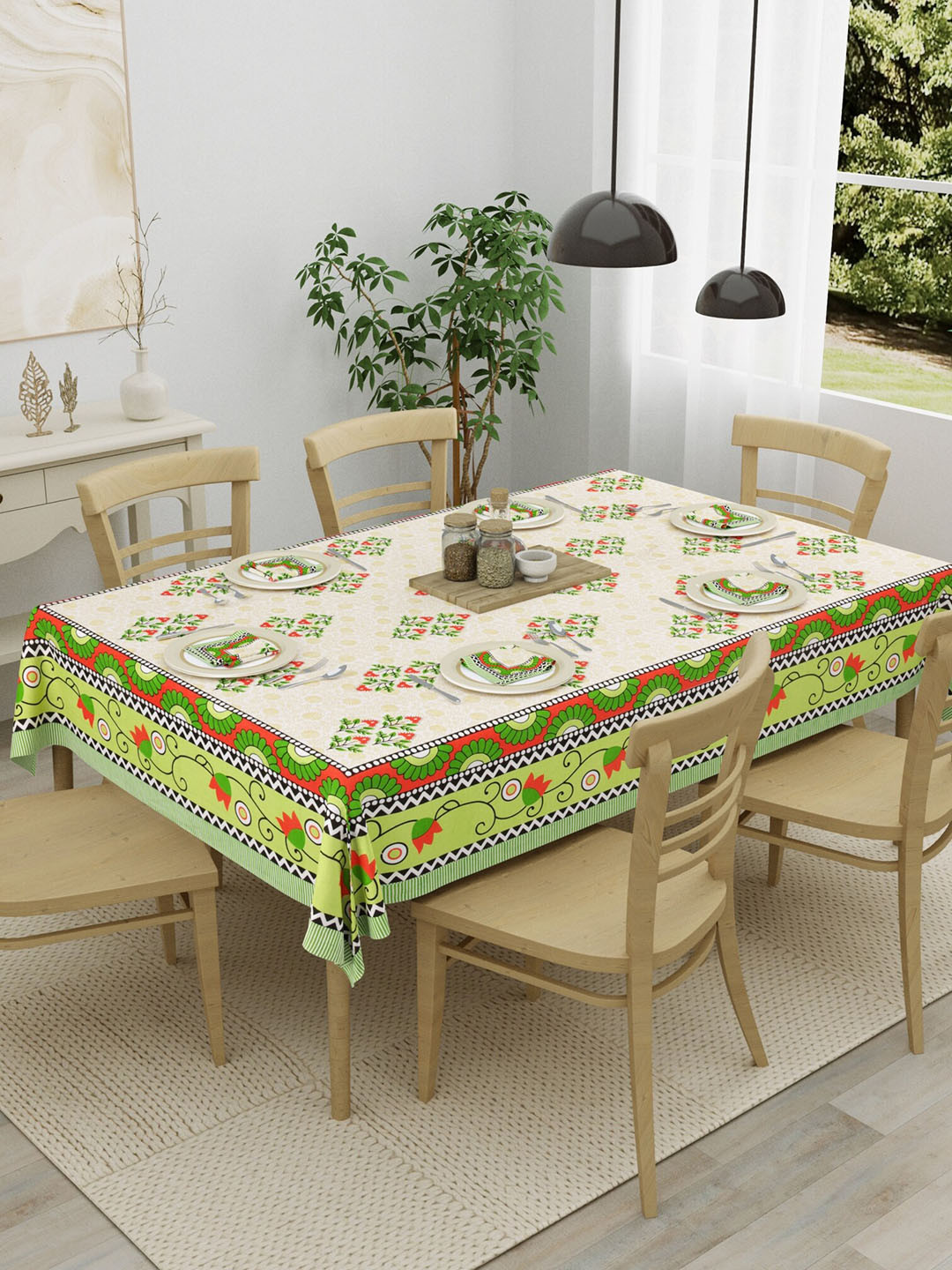 

Salona Bichona Green & Cream-Color 7 Pieces Printed Pure Cotton Table Linen Set