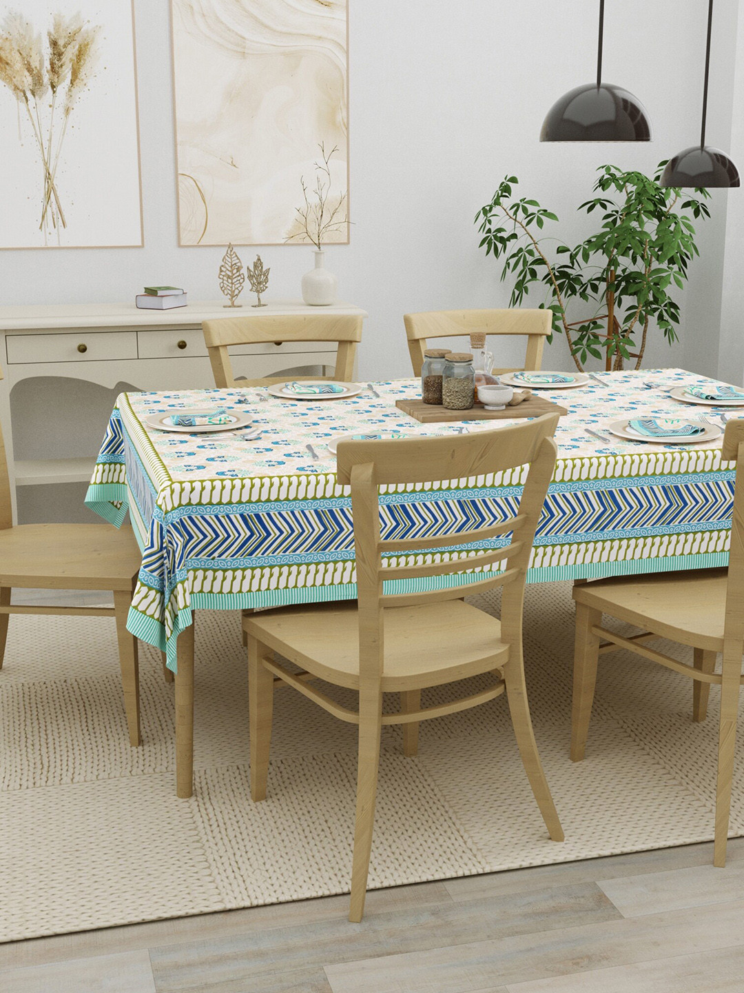

Salona Bichona 7-Pcs Blue & Cream-Colored Printed Pure Cotton Table Linen Set
