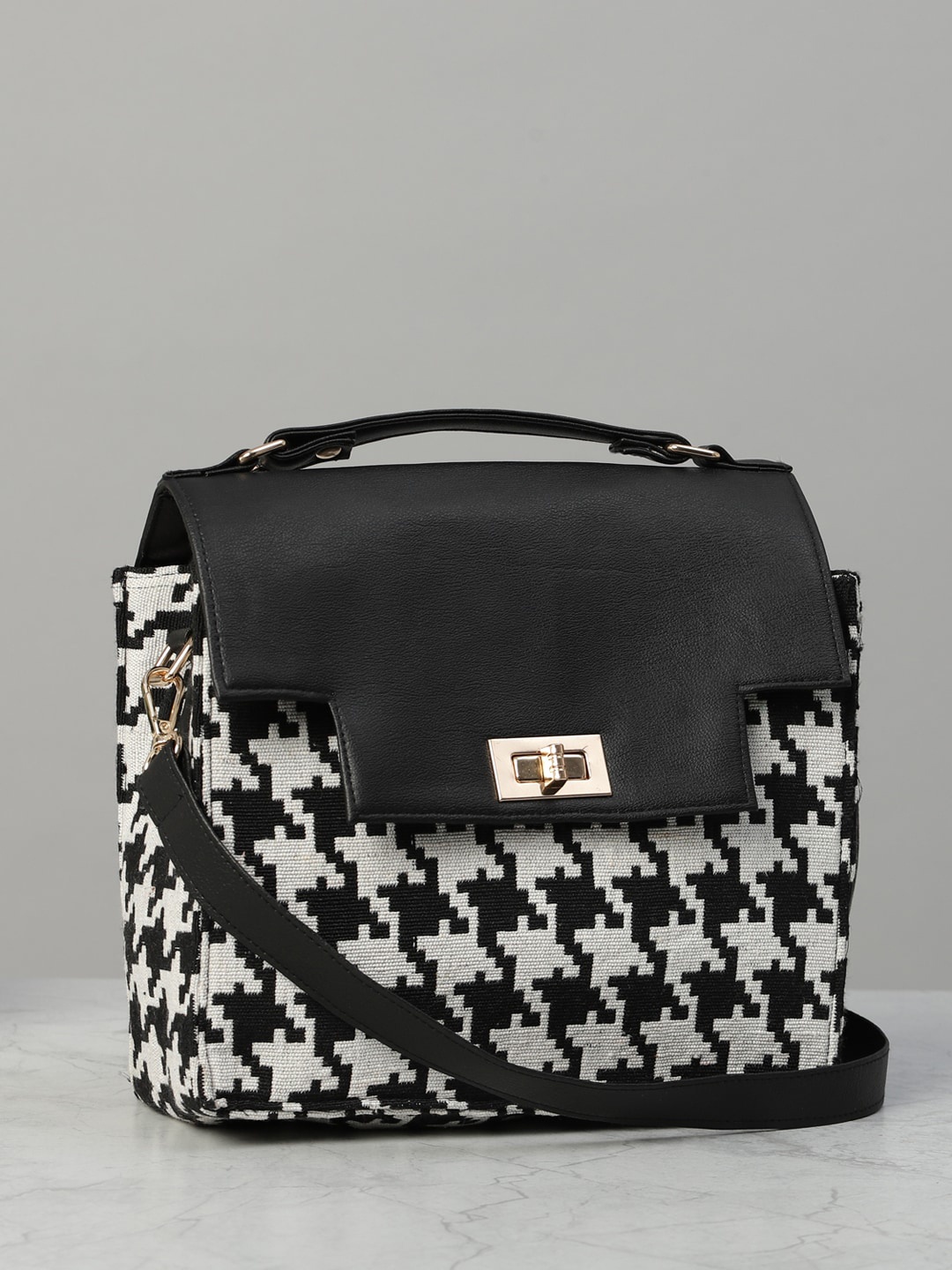 

DEEBACO Geometric Printed Structured Satchel Bag, Black