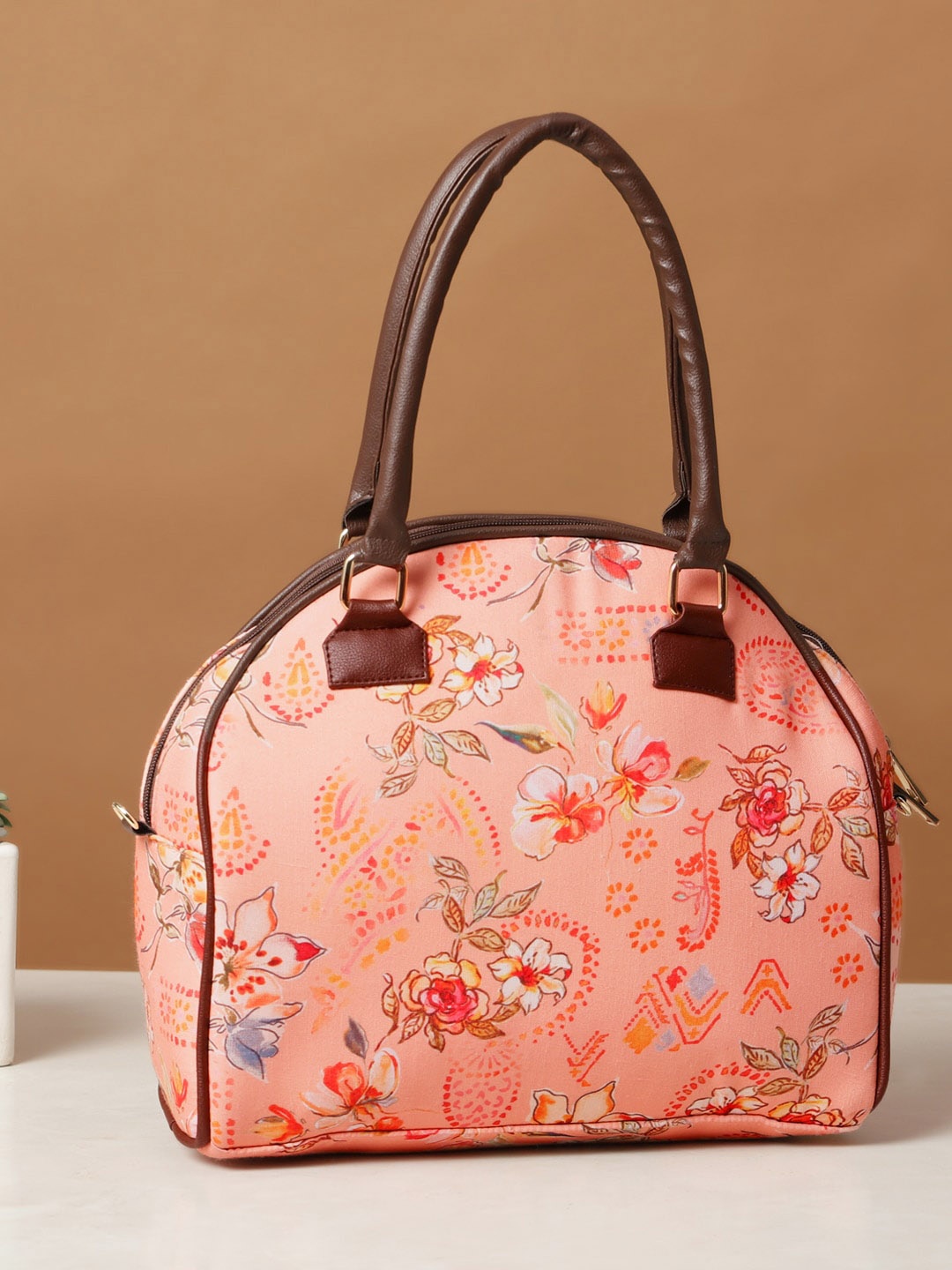 

DEEBACO Floral Printed Structured Handheld Bag, Pink