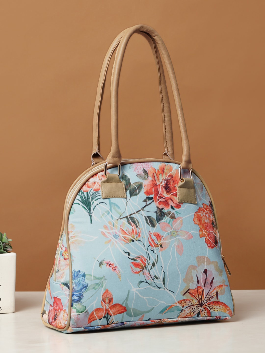 

DEEBACO Floral Printed Structured Handheld Bag, Blue