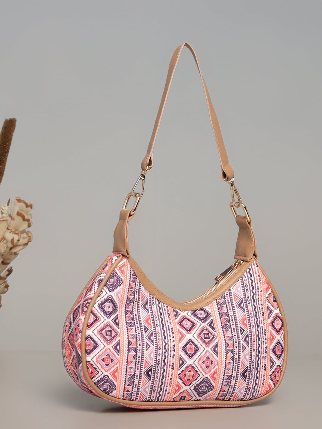 

DEEBACO Geometric Printed Oversized Half Moon Sling Bag, Beige
