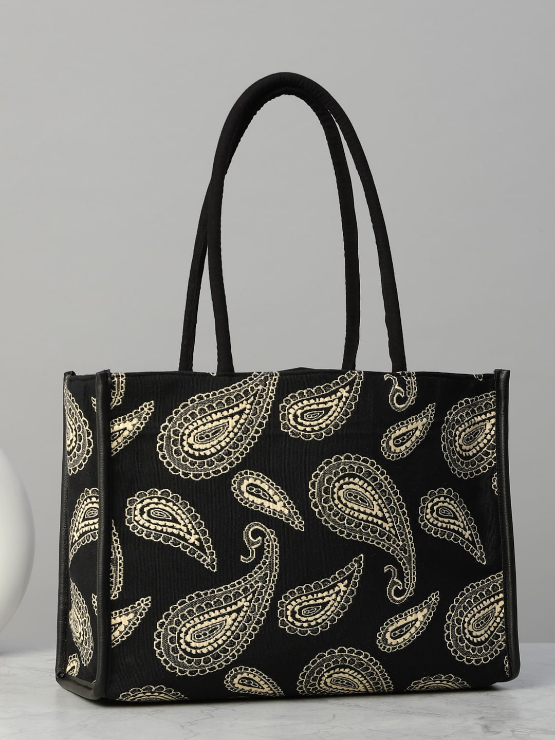

DEEBACO Paisley Printed Oversized Shopper Handheld Bag with Cut Work, Black