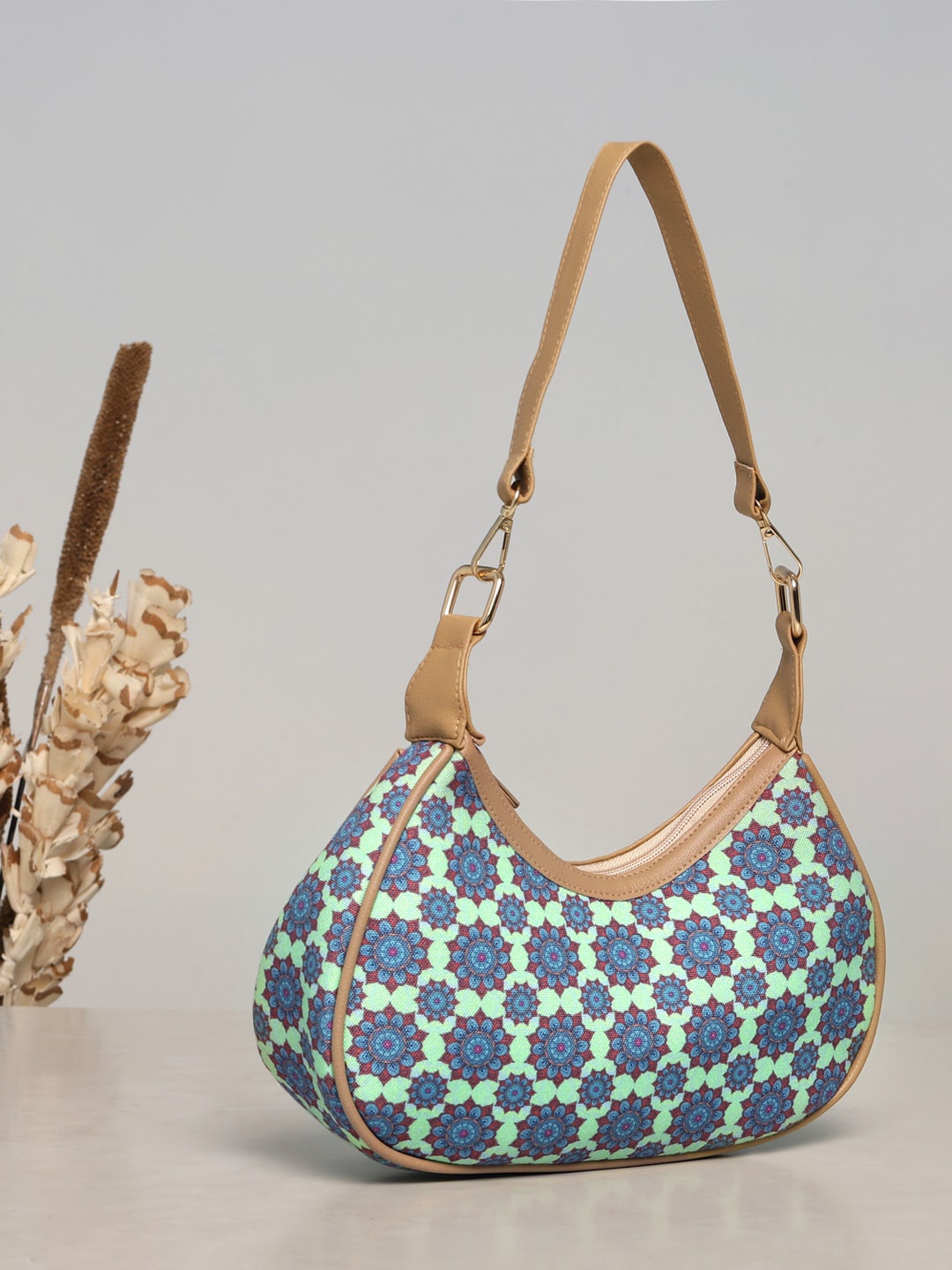

DEEBACO Floral Printed Half Moon Hobo Bag, Green