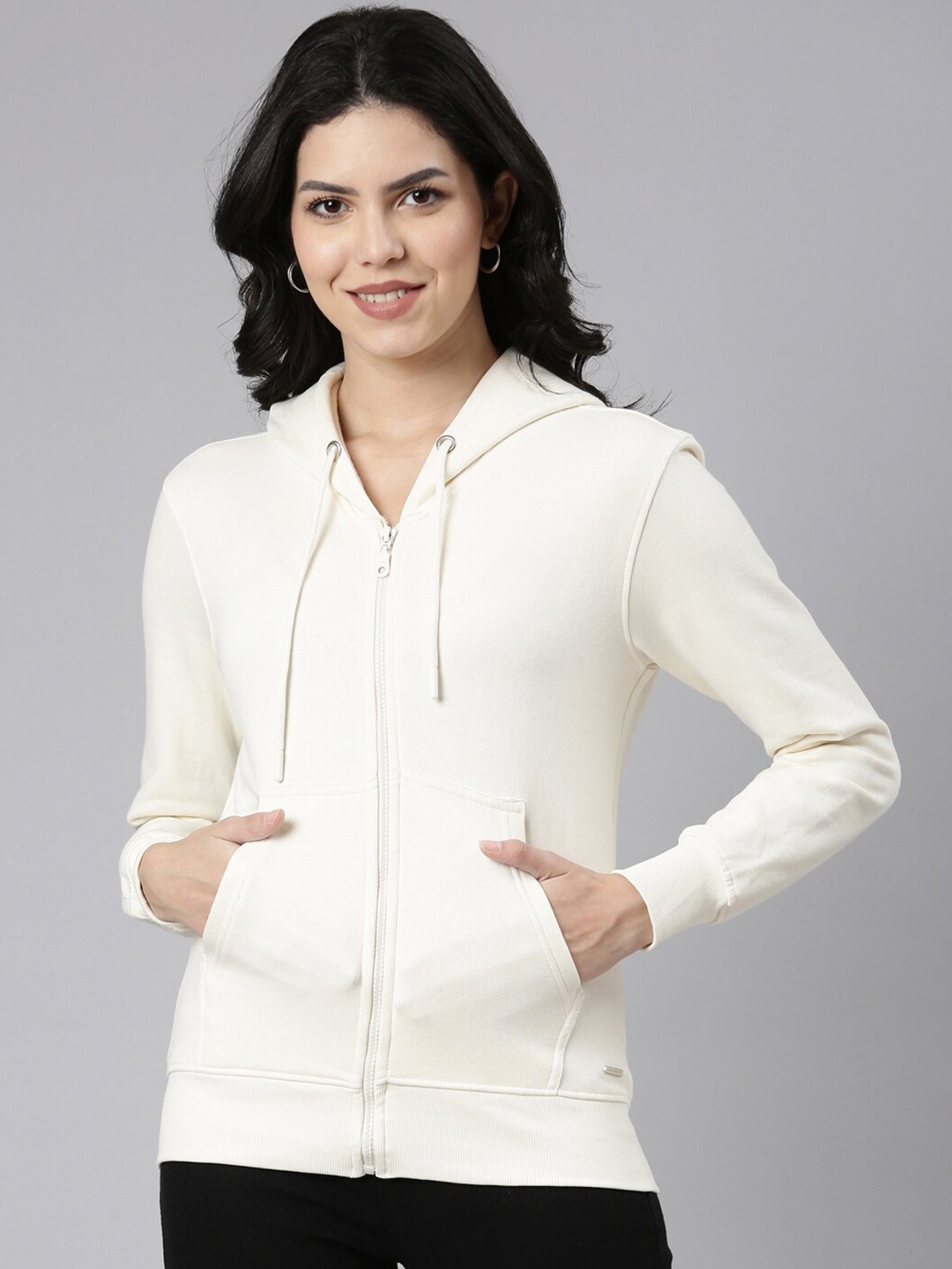 

TWIN BIRDS Pure Cotton Hooded Front-Open Sweatshirt, Off white