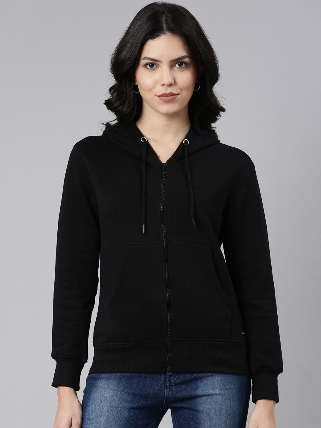 

TWIN BIRDS Long Sleeves Hooded Pure Cotton Front-Open Sweatshirt, Black