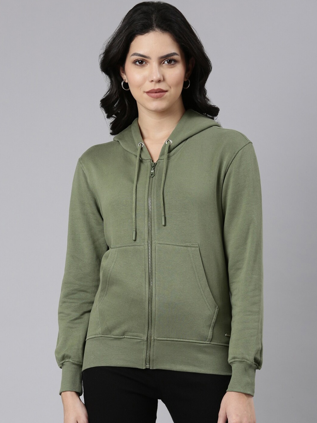 

TWIN BIRDS Long Sleeves Hooded Pure Cotton Front-Open Sweatshirt, Olive