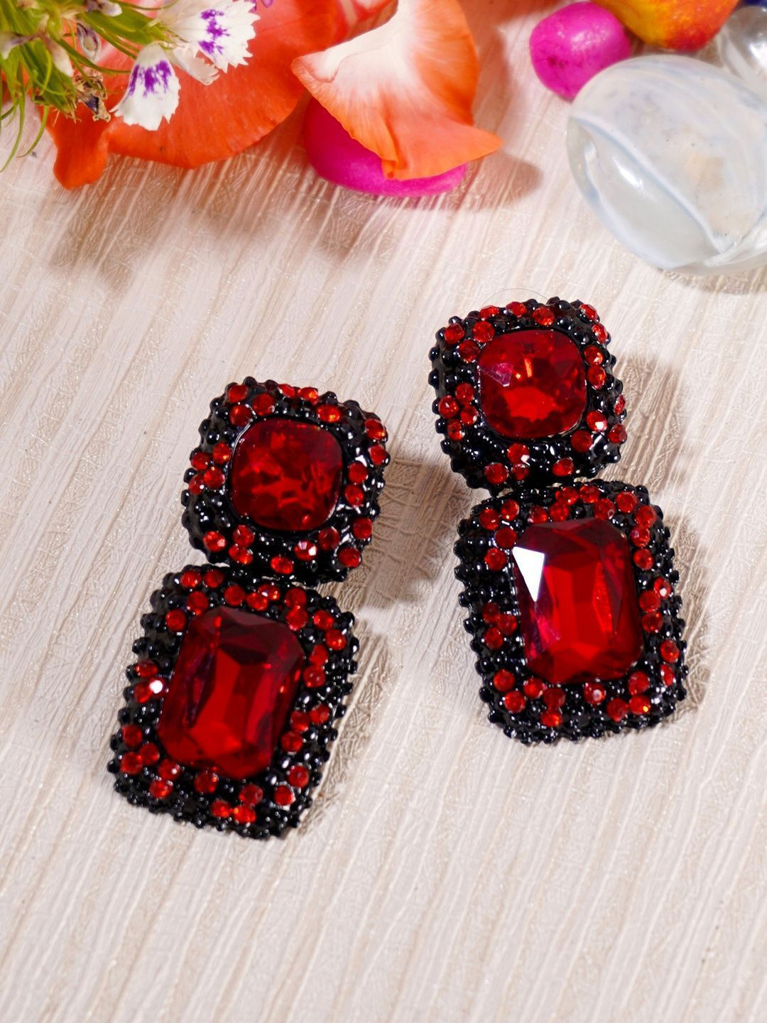 

Crunchy Fashion Contemporary Crystals Studded Drop Earrings, Red