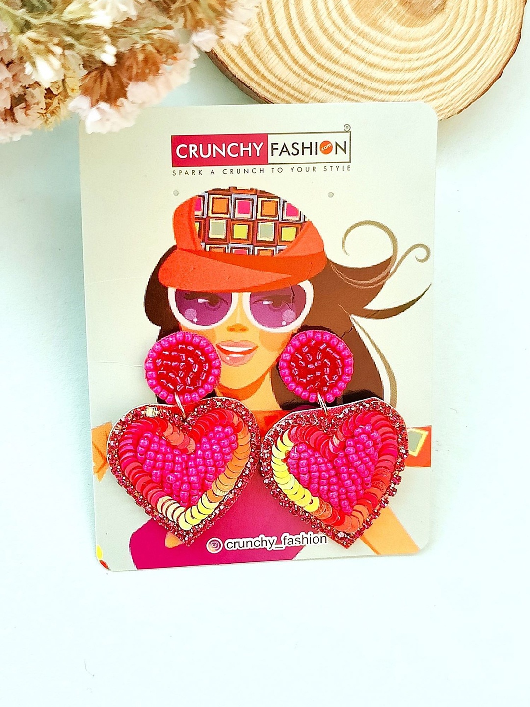 

Crunchy Fashion Heart Shaped Beaded Drop Earrings, Pink