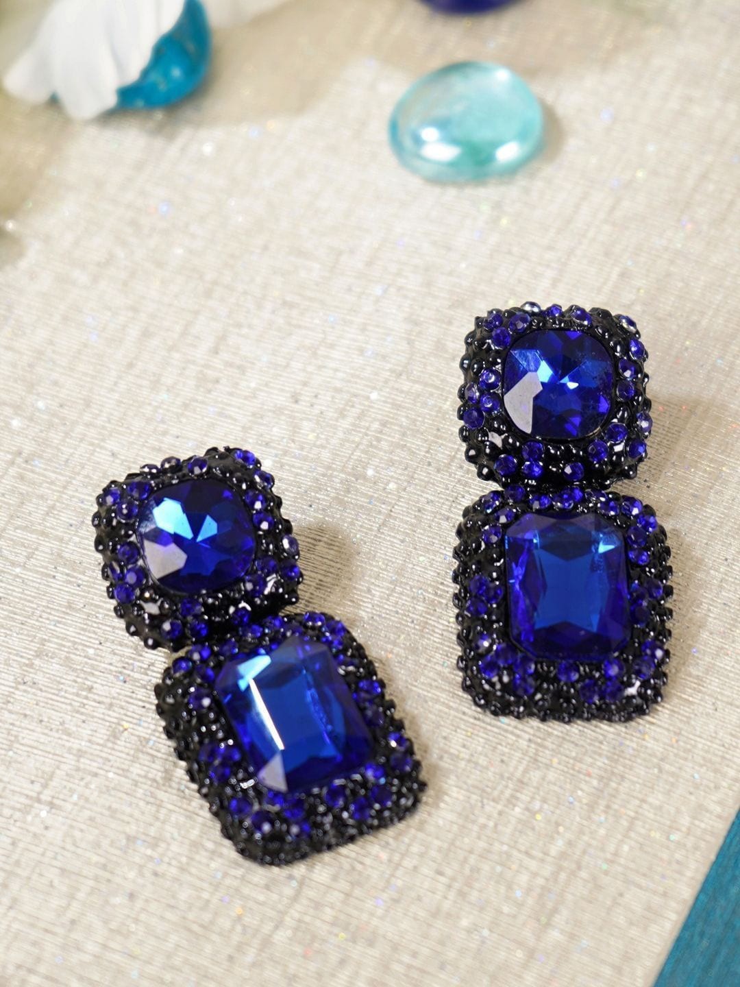

Crunchy Fashion Rhodium-Plated Crystals Studded Drop Earrings, Navy blue