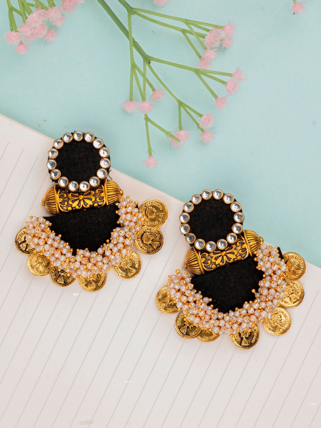 

Crunchy Fashion Artificial Stones and Beads Fabric Chandbalis Earrings, Black