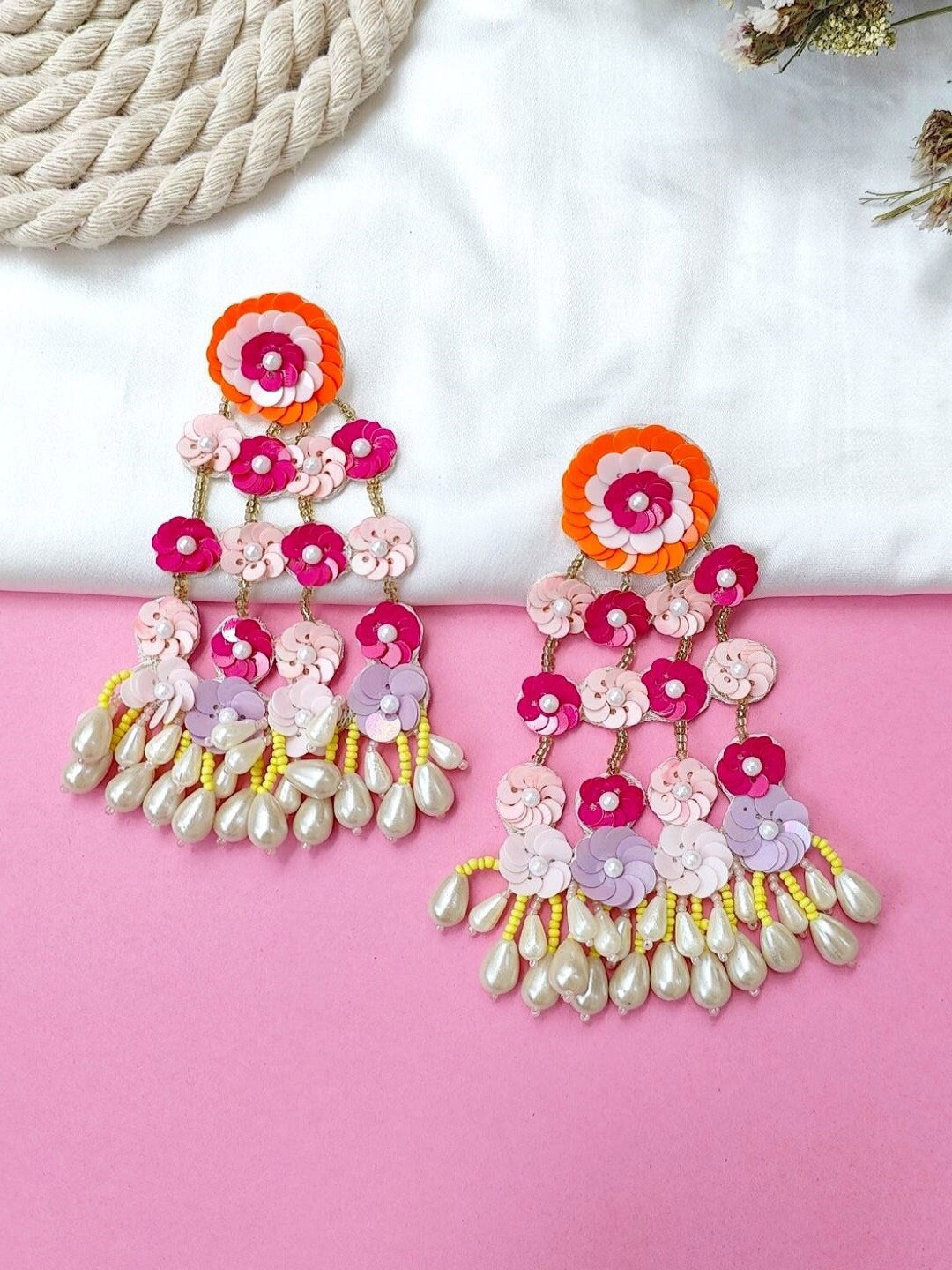 

Crunchy Fashion Floral Beads Studded Drop Earrings, Pink