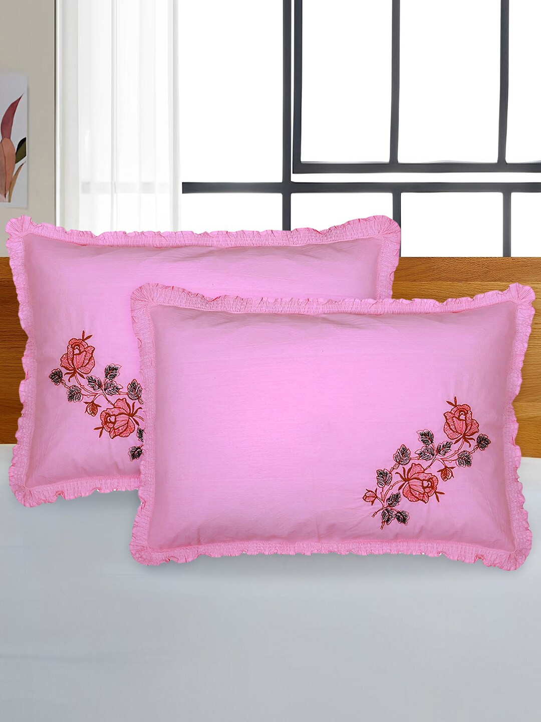 

Kuber Industries Pink 6 Pcs Floral Embroidered Cotton Pillow Covers