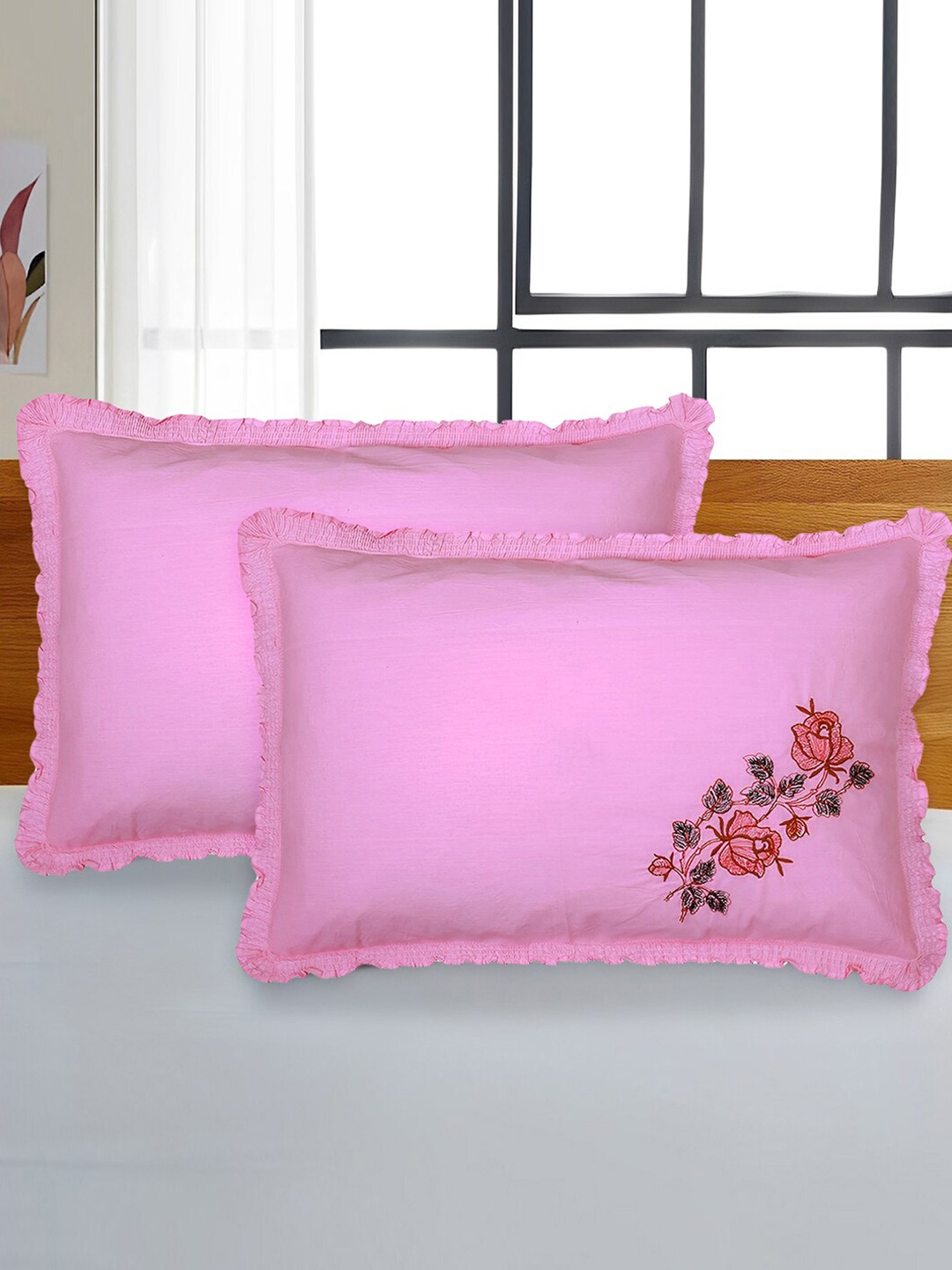 

Kuber Industries Pink & Cream 4 Pieces Floral Embroidered Cotton Pillow Covers