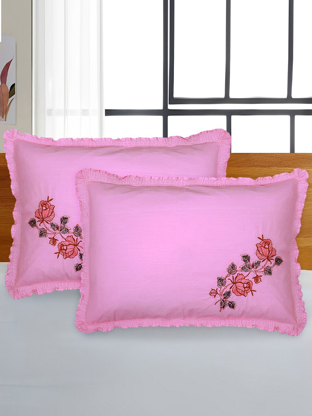 

Kuber Industries Pink 2-Pieces Floral Embroidered Cotton Pillow Covers