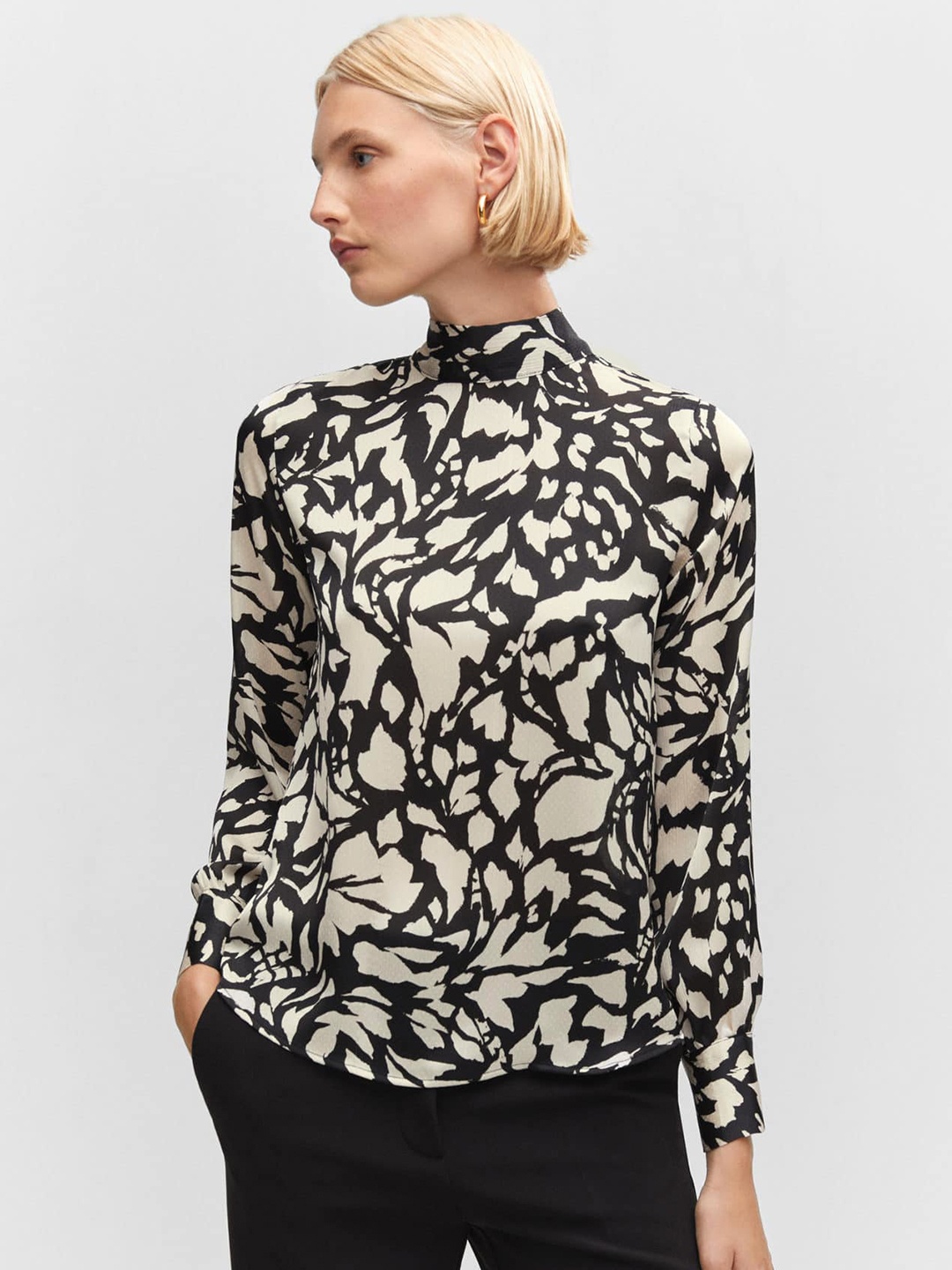 

MANGO Abstract Print High-Neck Tie-Up Detail Top, White